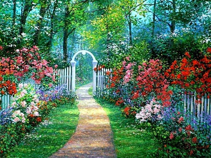 a painting of a garden with flowers and a path leading to an arch in the middle