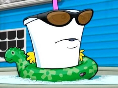 a cartoon character with sunglasses on and a green snake in front of a blue house