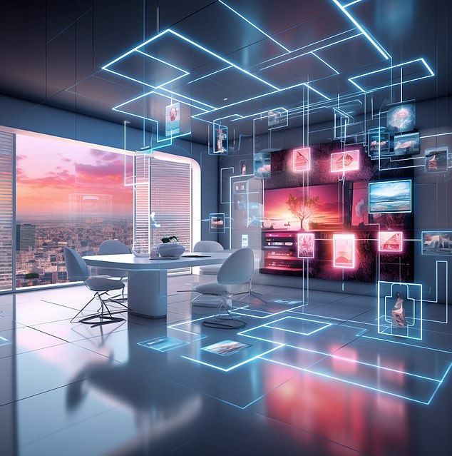 a futuristic office with neon lights and cityscape in the background at sunset or dawn