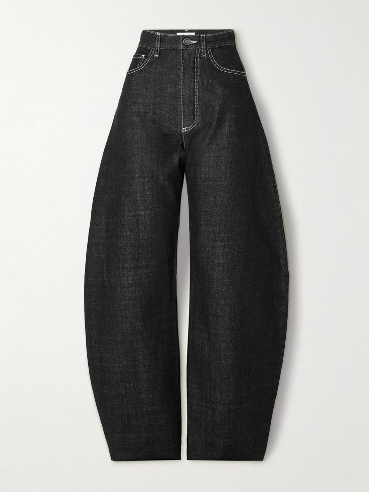 Alaïa's 'Archetypes' collection draws inspiration from some of its most iconic styles. Part of the lineup, these high-rise jeans are made from black denim with contrasting topstitching and have wide legs that taper toward the ankles to create a voluminous balloon shape. Luxury Denim Bottoms With Straight Silhouette, Alaia 2023 Fall, Alaia Pants, Vintage Alaia, Alaia Knitwear, Balloon Jeans, Chunky Oversized Sweater, Barrel Jeans, Leather Outerwear