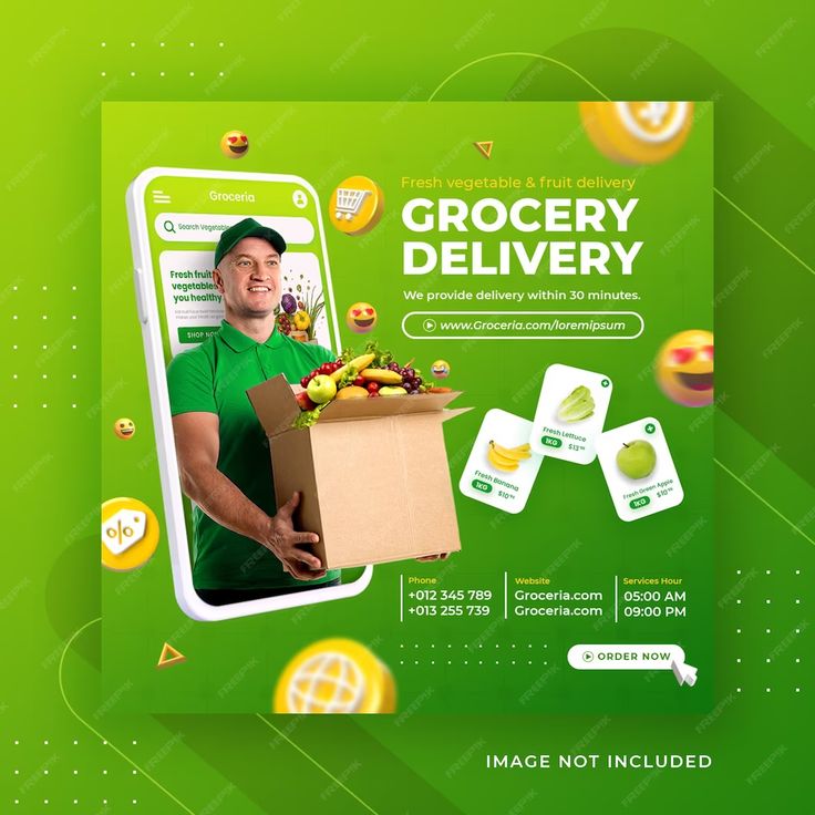 a man holding a box full of fruit and vegetables with the caption grocery delivery