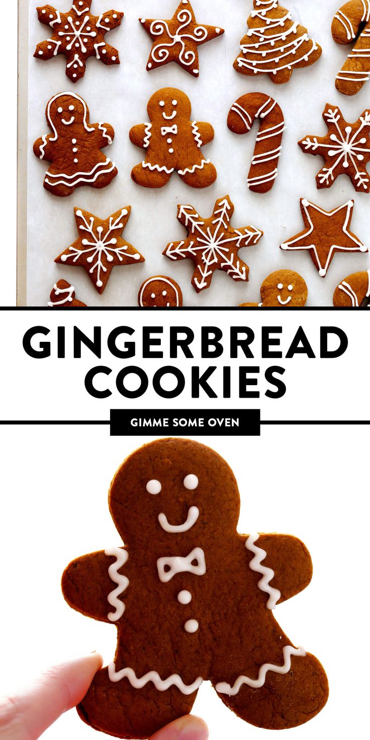 the gingerbread cookies are being held up in front of an image with text overlay