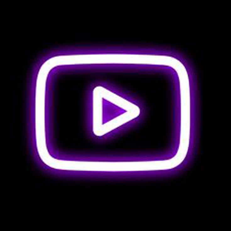 a neon purple play button with an arrow in the center on a black background that appears to be glowing