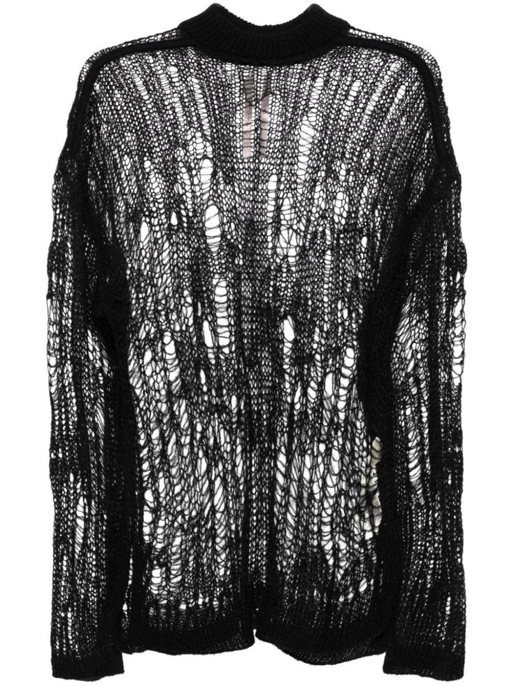 black knitted construction open knit distressed effect semi-sheer construction round neck long sleeves straight hem Icelandic Knitting, Yoji Yamamoto, Knit Men, Airport Fashion, Open Knit Sweater, Knitwear Men, Fashion Pieces, Men's Knit, Open Knit