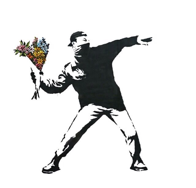 a drawing of a man with flowers in his hand