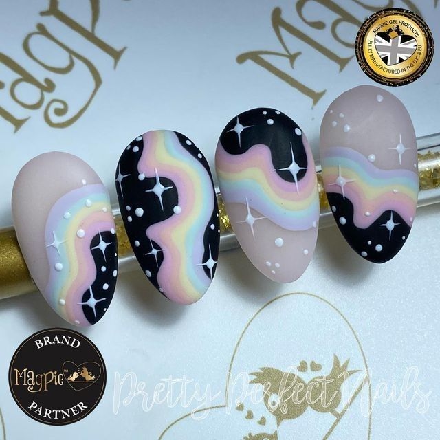 Pastel Groovy Nails, Nail Art Polish Designs, Cat Gel Nails, Cute Pastel Nails, Pastel Rainbow Nails, Cool Nail Art Designs, Unicorn Nails Designs, Pastel Stars, Unicorn Nail Art