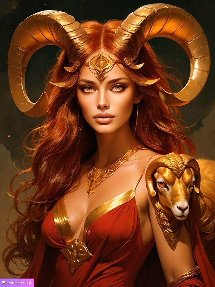 a woman with long red hair and horns on her head is holding a goat's tail