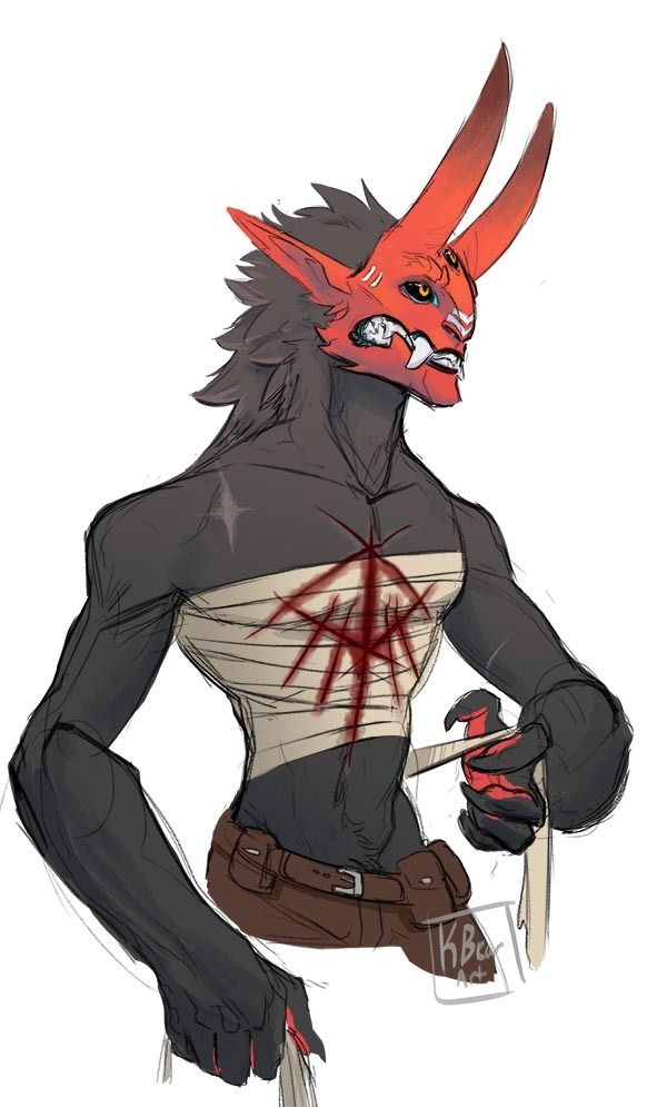 a drawing of a demon with horns and blood on it's face, holding a knife