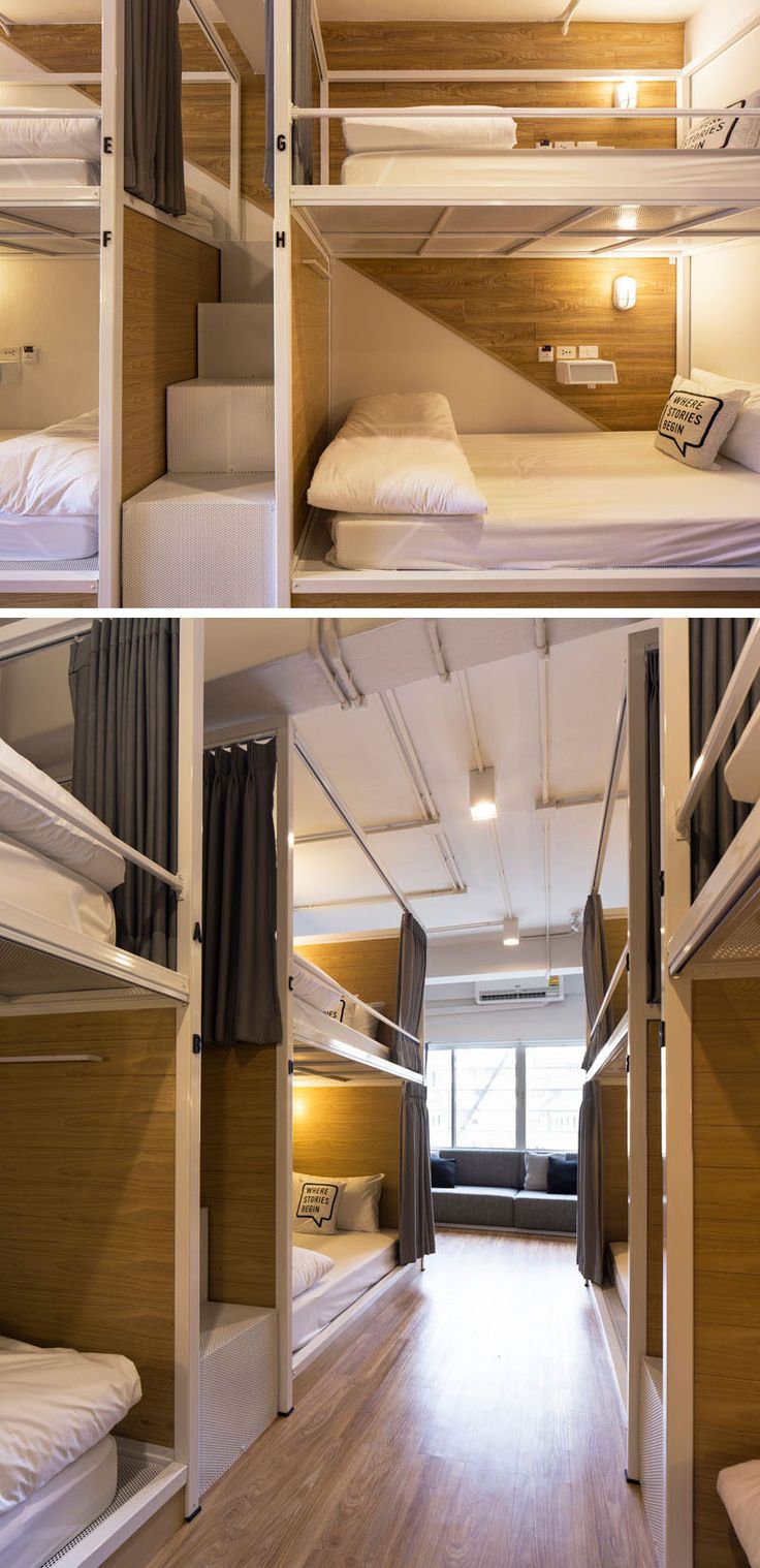 bunk beds are lined up in the middle of a room with wooden floors and walls