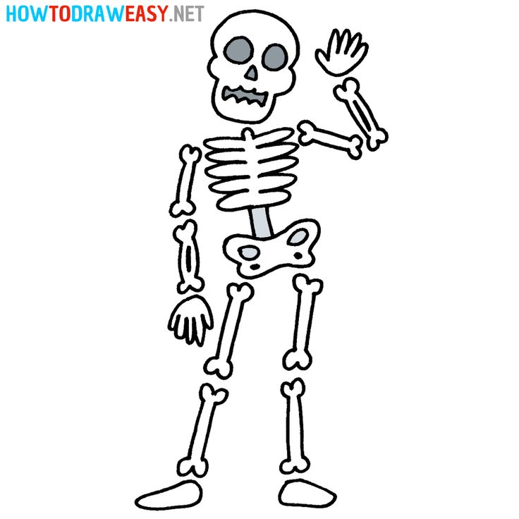 a cartoon skeleton with one hand up and the other in the air, on a white background