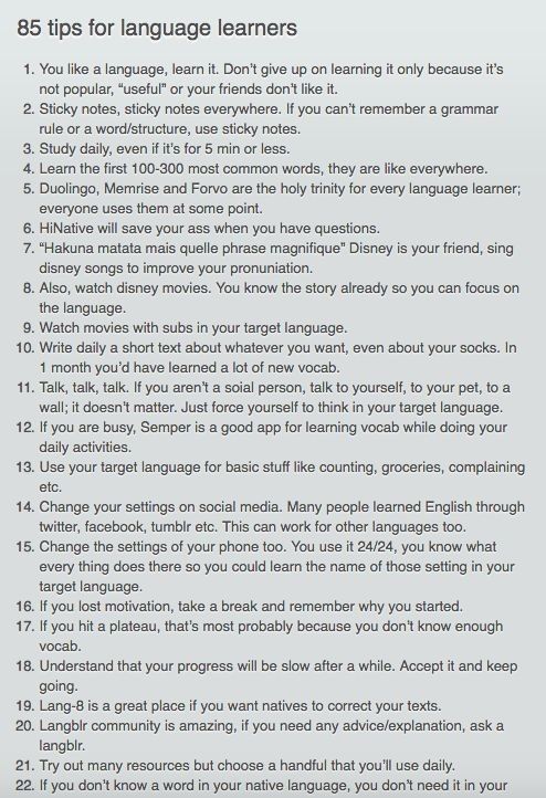 an image of a page with text on it that says 8 tips for language learners