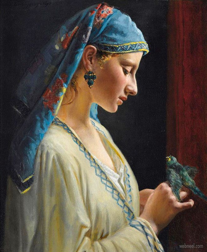 a painting of a woman wearing a blue headdress