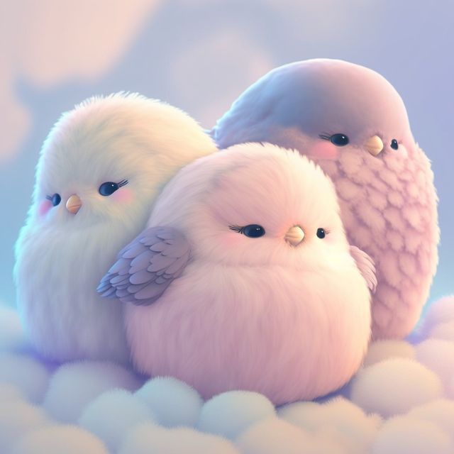 three little birds sitting on top of some fluffy clouds