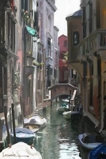 a painting of a canal with boats in it