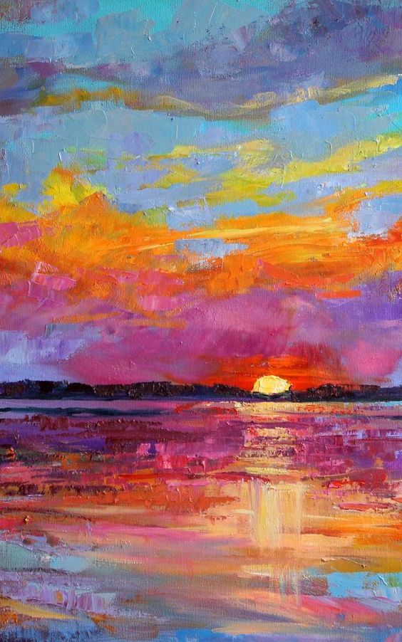 an oil painting of a sunset over the ocean with pink, orange and blue clouds