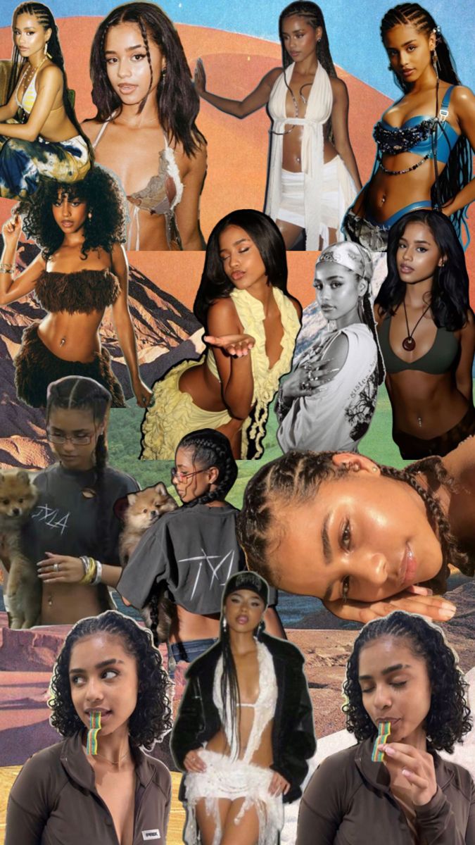 the collage shows many different women in bikinis