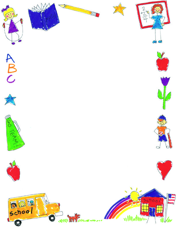 a child's drawing with school supplies on the bottom and an apple in the middle