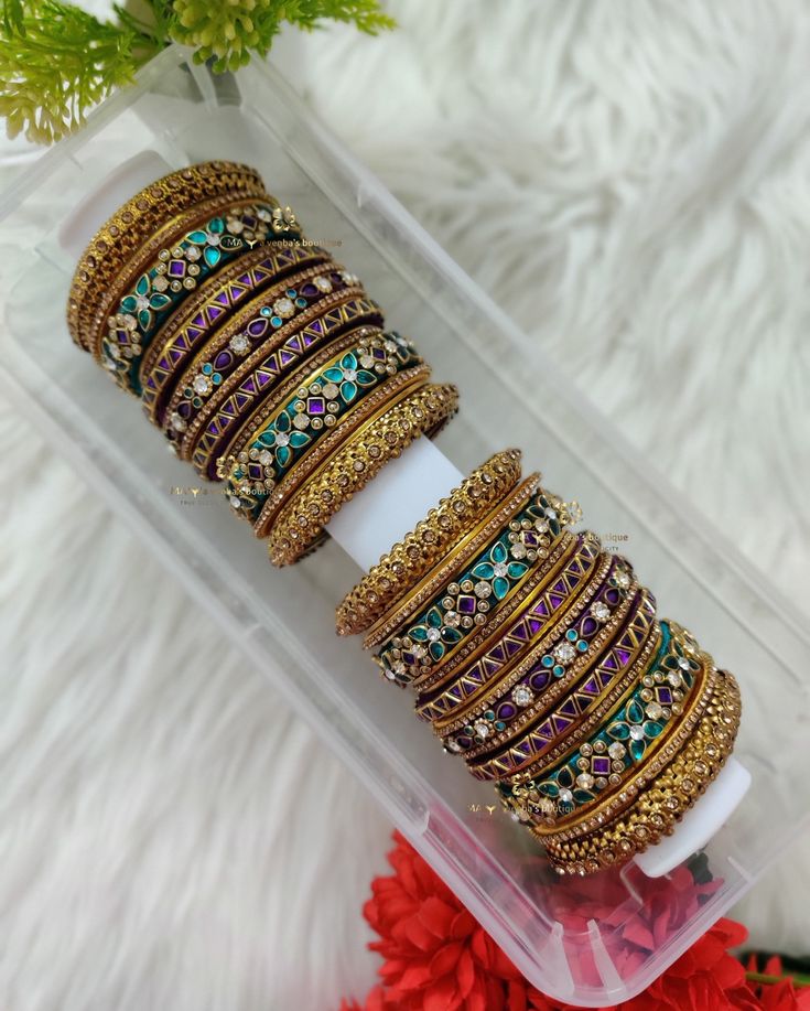 ⚜️ New launch :: Customized Bridal Kundan Bangles in sea green with purple ✨ 💌 We’re exclusively specialized in silkthread shining finishing and intricate stone finishing 🥰🥰 💥💥 Follow @maya_venba_boutique for upcoming exquisite bangles collections and exclusive finishing ❣️ ❣️ DM/Whatsapp - 8637452661 to get customized ❣️ Bridal bangles and bulk orders are accepted for all occasions ❣️ Customization available in 15+ unique colors ❣️ Customization available from 1.12 - 2.14 sizes ⚠️Stri... Silkthread Bangles Design Latest, Bangles For Lehenga, Krishna Outfit, Bangles Bridal, Kada Bangles, Silk Thread Bangles Design, Stone Bangles, Thread Bangles Design, Unique Bangle