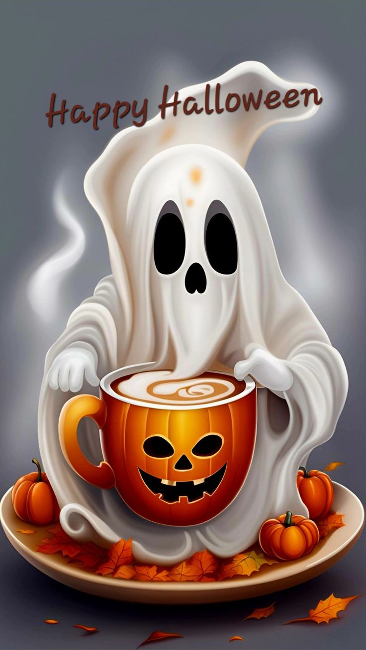 a ghost holding a cup of coffee on top of a plate