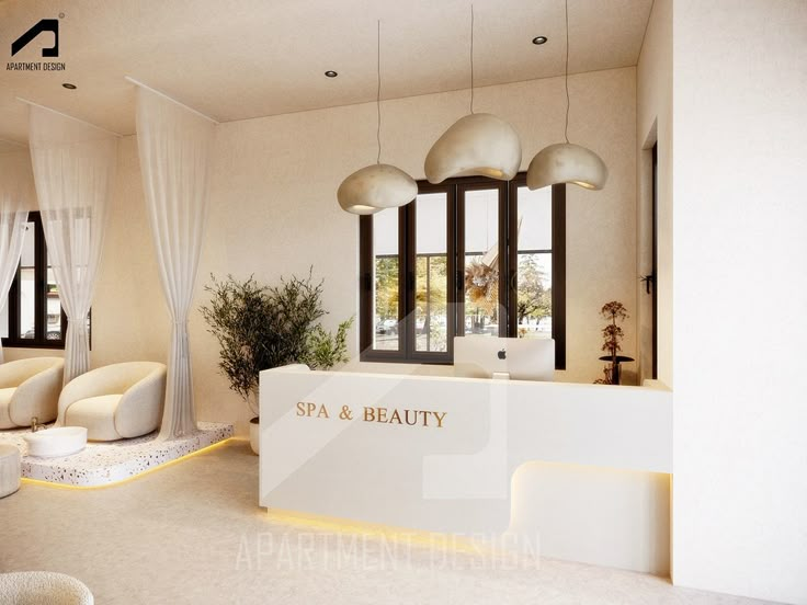 the interior of a spa and beauty salon with white furniture, large windows, potted plants and hanging lights