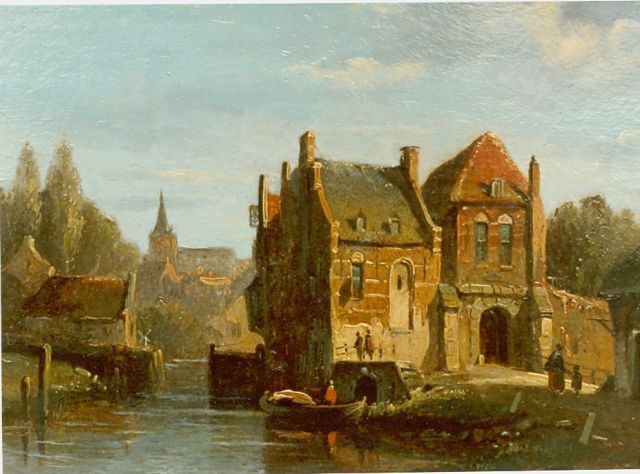 an oil painting of a river scene with buildings