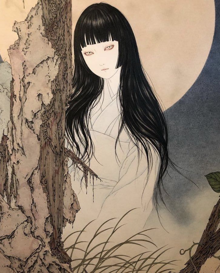 a woman standing next to a tree in front of a full moon with long black hair