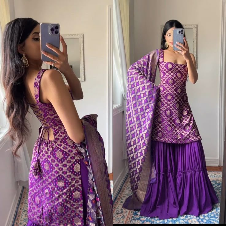 Dark Purple Sharara Suit, Square Neck Sharara Suit, Backless Sharara Designs, Sharara Suit Back Neck Design, Square Neck Punjabi Suit, Purple Dress Outfit Indian, Desi Neck Designs, Square Neck Suit Designs, Purple Traditional Dress Indian