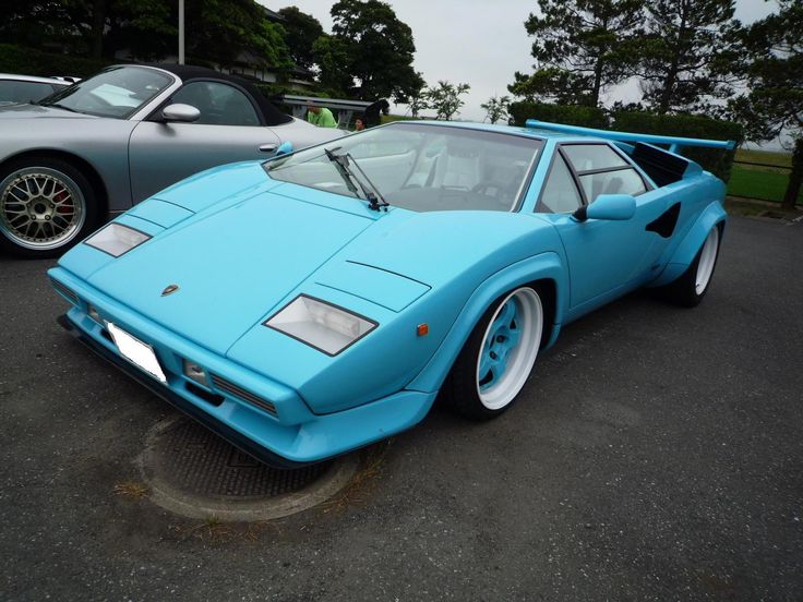 a blue sports car parked in a parking lot