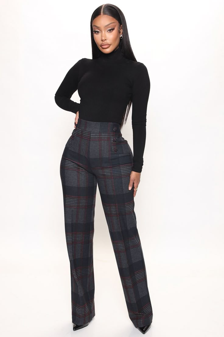 Available In Navy/combo. Plaid Wide Leg Pants Button Detail Ponte Stretch 33" Inseam 44% Rayon 27% Nylon 24% Polyester 5% Spandex Imported | Feeling Preppy Wide Leg Pant 33 in Navy Blue size Medium by Fashion Nova Plaid Wide Leg Pants, Fashion Week Aesthetic, Job Interview Outfit, Cute Professional Outfits, Corporate Dress, High Waisted Dress Pants, Looks Country, Fashion Nova Outfits, Professional Outfits Women