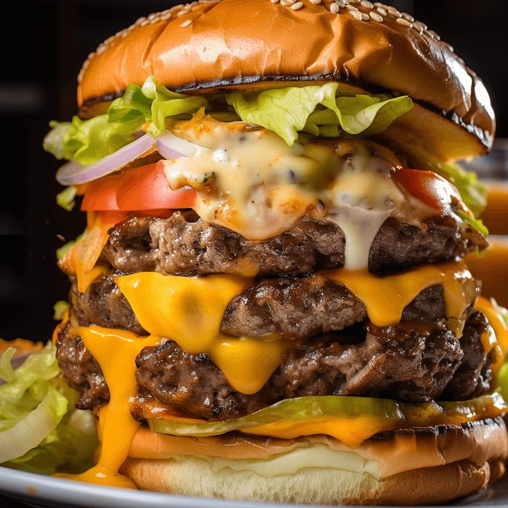 a cheeseburger on a plate with lettuce and tomatoes