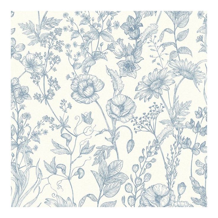 a blue and white floral wallpaper with leaves, flowers, and vines on it