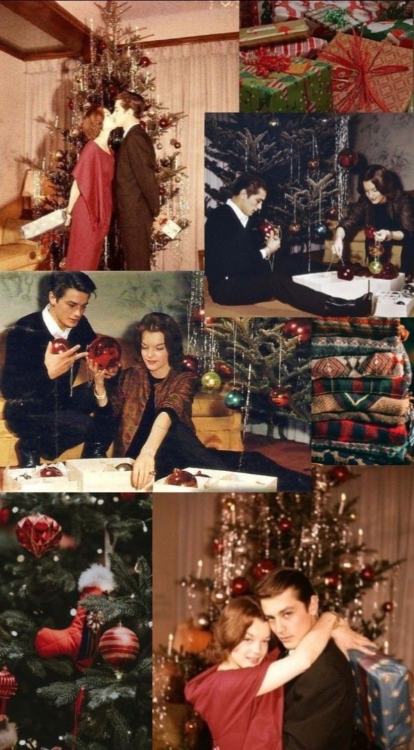 a collage of photos with people and christmas tree in the middle one is holding a woman's arm