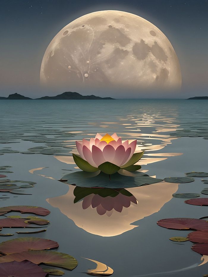 a pink flower floating on top of a lake under a full moon