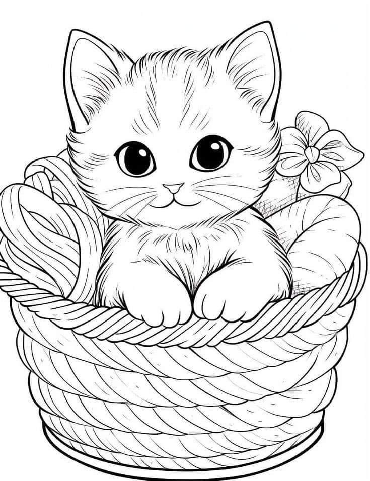 a kitten sitting in a basket with flowers on the side, coloring pages for kids