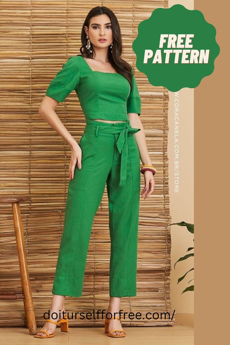 a woman in green is standing next to a bamboo wall with the words free pattern on it