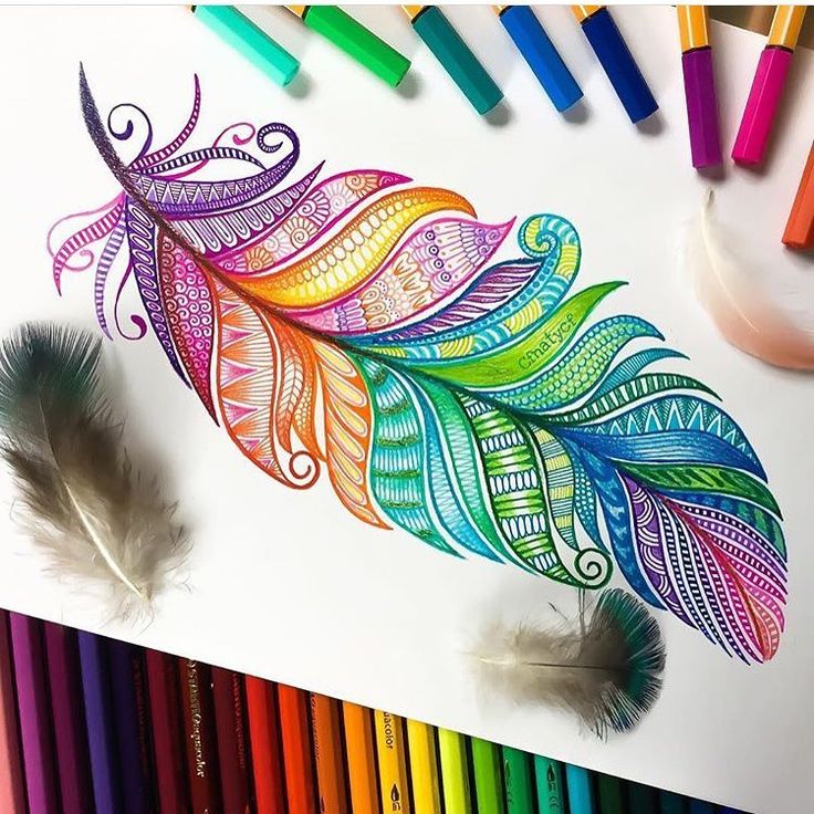 colorful feathers and crayons are on the table