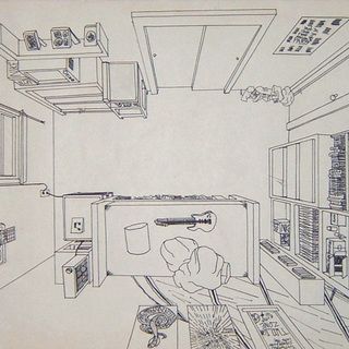 a drawing of a kitchen with appliances and cabinets