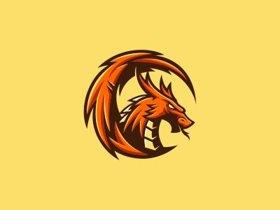 an orange and black dragon logo on a yellow background