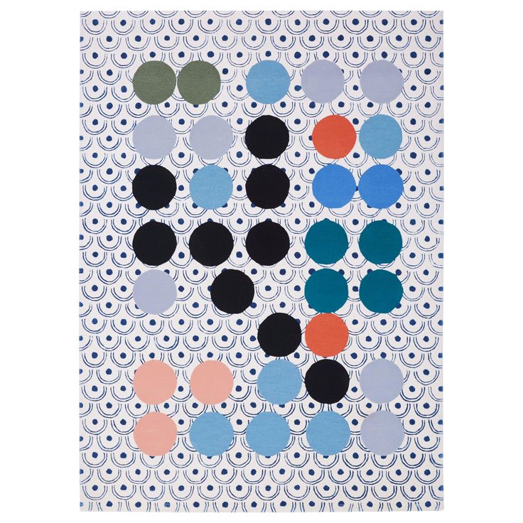 an abstract painting with circles and dots in blue, green, red, orange, and black