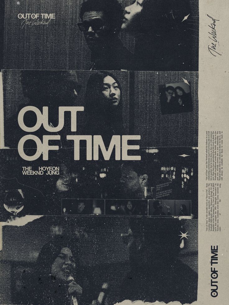 the cover art for out of time, which is featured in black and white photos