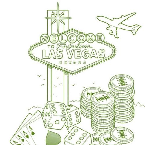 the las vegas sign is surrounded by casino chips and playing cards with an airplane in the background