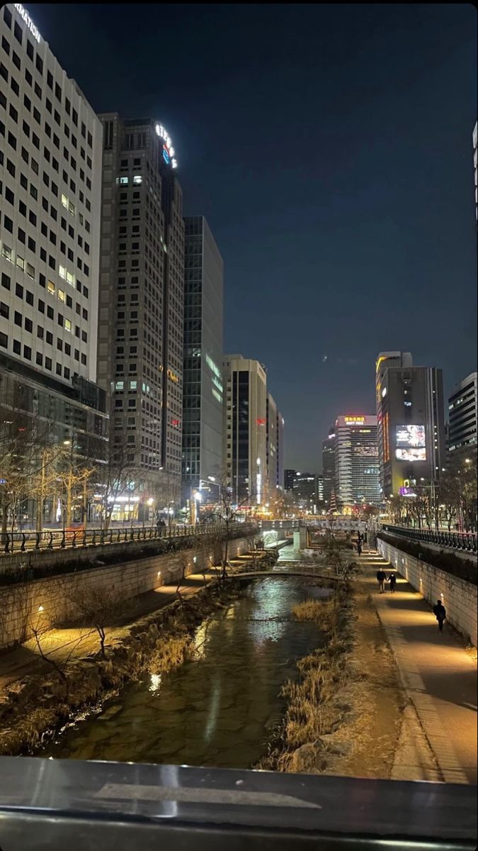 a river running through a city at night