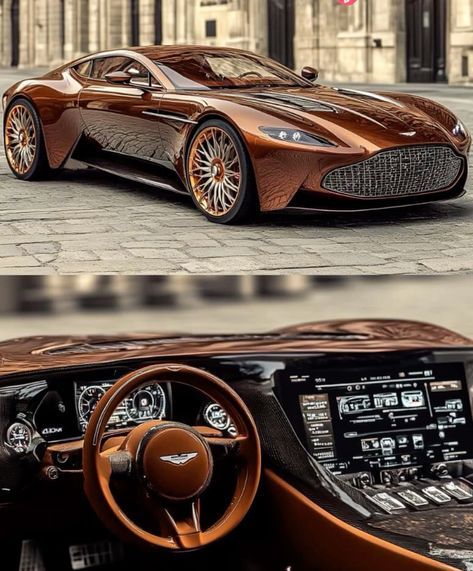 the inside and outside view of a brown sports car with leather seats, steering wheel and dashboard