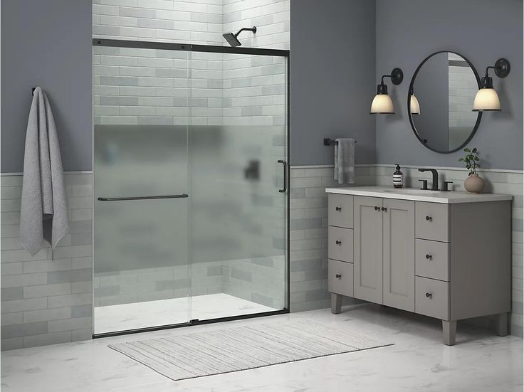 a bathroom scene with focus on the sink and shower stall, along with two mirrors