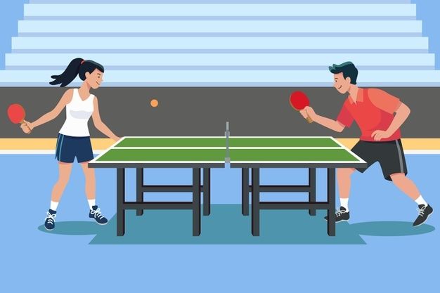 two people are playing ping pong on the tennis court, one is holding a racket