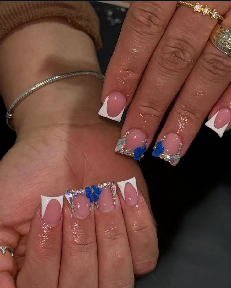 Shorties Nails Blue, Blue Junk Nails, Blue Nails With Charms, Nail Ideas Birthday, Short Acrylic Nails Blue, Knotless Hairstyle, Acrylic Toe Nails, Black Acrylic Nails, Hard Nails