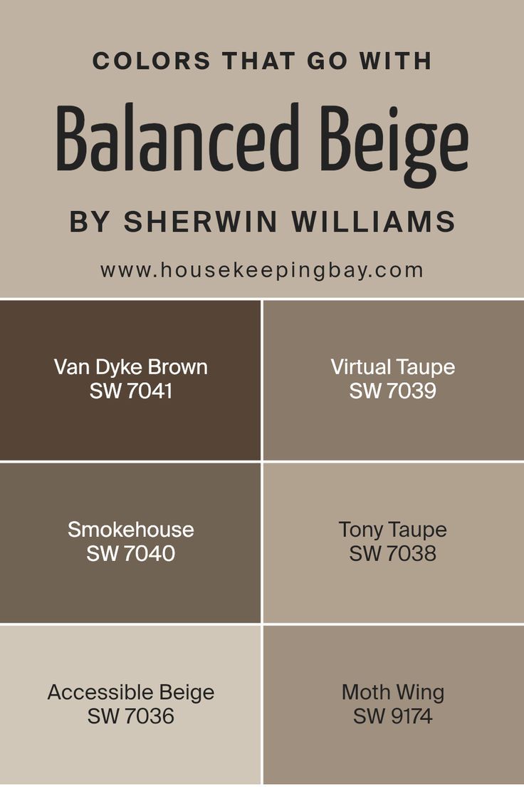 Colors that Go With Balanced Beige SW 7037 by Sherwin Williams Smokehouse Sherwin Williams Exterior, Kitchen Colors Sherwin Williams, Smokey Taupe Sherwin Williams, Balanced Beige Color Palette, Sherwin Williams Greek Villa Coordinating Colors, Taupe Sherwin Williams Paint Colors, Smokehouse Sherwin Williams, Van Dyke Brown Sherwin Williams, Temperate Taupe Sherwin Williams