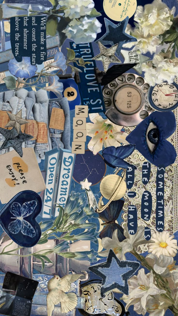 an altered collage of blue and white flowers, books, and other things on paper