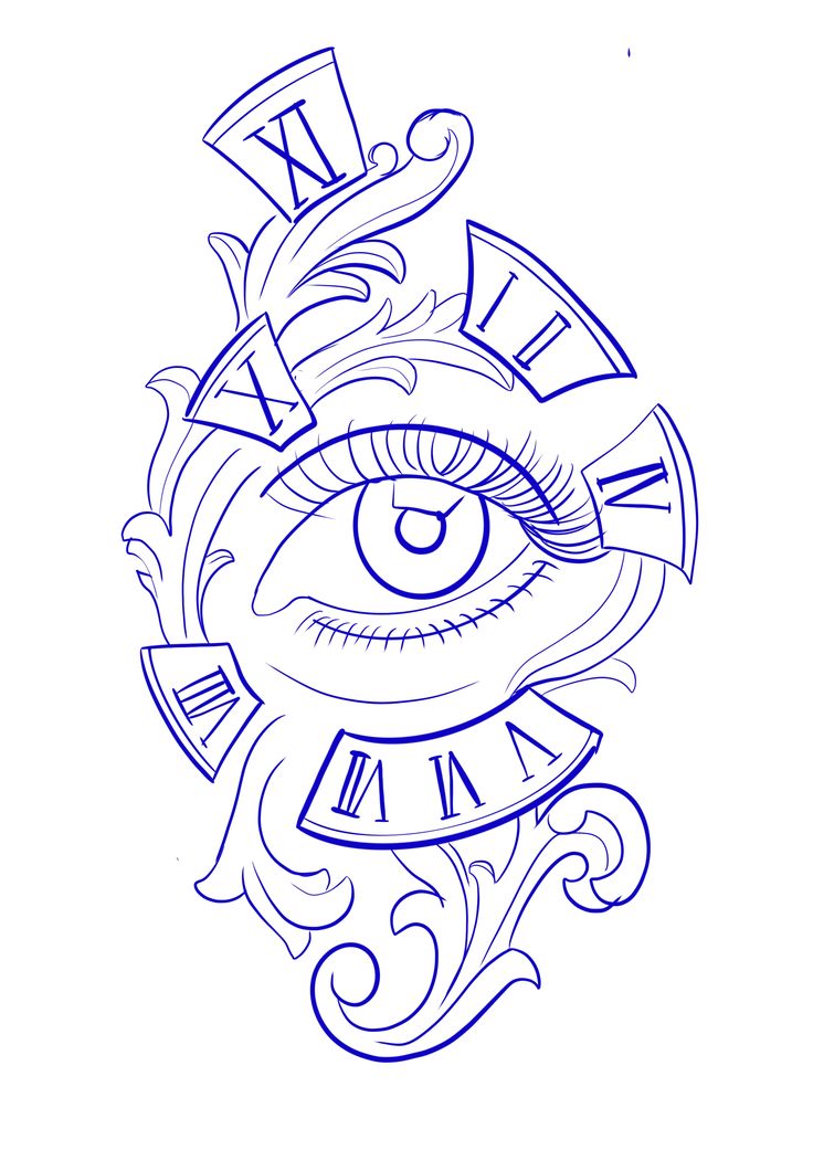 a drawing of an eye with roman numerals and the word time on it