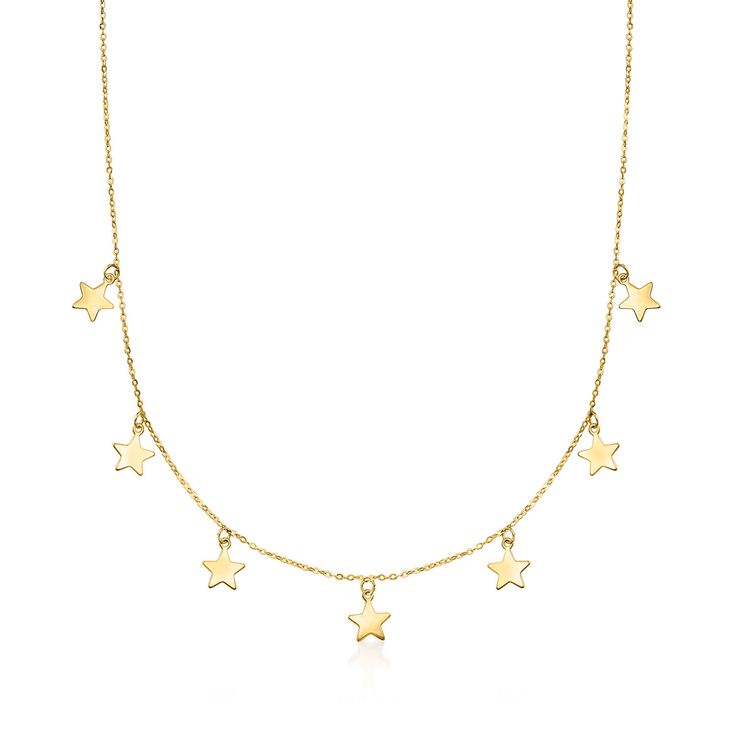 Ross-Simons - Italian 14kt Yellow Gold Multi-Star Charm Necklace. 16". RS Pure. Modern designs that complete your outfit and complement your personality. Wear your wishes around your neck with this dainty star necklace. Shining in polished 14kt yellow gold, this Italian-made necklace is perfect for the stargazer! Simple cable chain with a 2" extender. Springring clasp, 14kt yellow gold multi-star charm necklace. 14k Yellow Gold Necklace With Star Charm, Yellow Gold Diamond Necklace With Star Charm, Yellow Gold Sterling Silver Star Charm Necklace, Delicate Yellow Gold Star Charm Necklace, Yellow Gold Star Necklace With Adjustable Chain, Italian Gold Jewelry, Mixed Metal Bracelets, Pearl Bracelet Gold, Pearl Strands Necklace